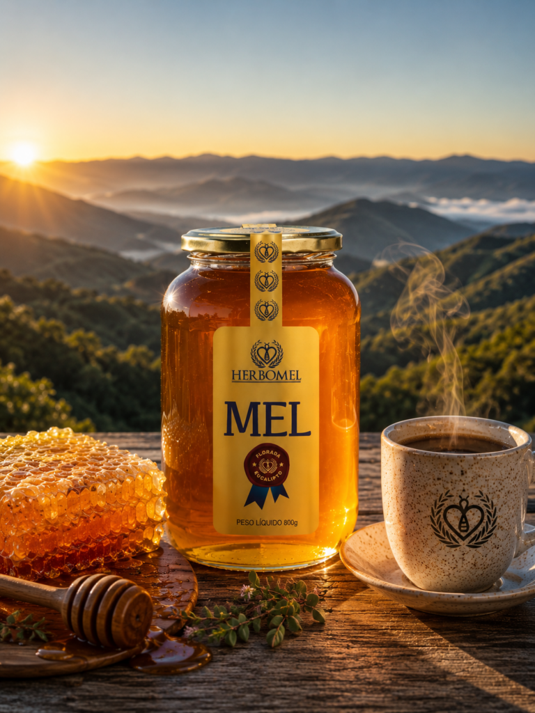 mel puro de abelhas em colher de madeira com favo ao fundo — HerboMel Natural